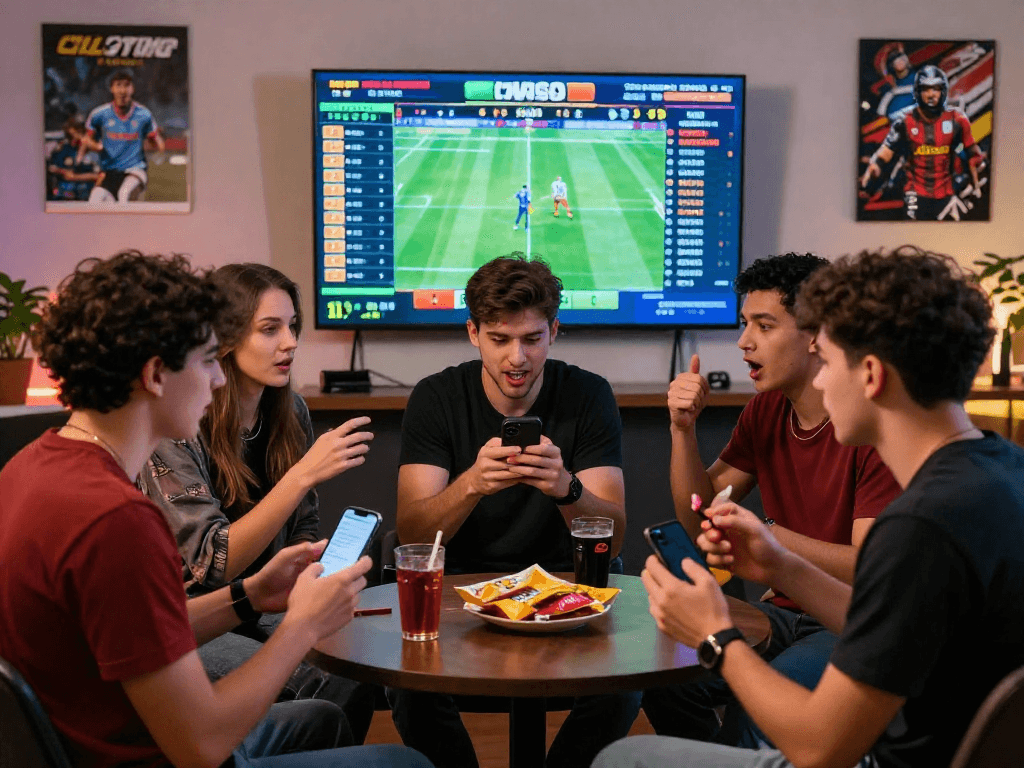 Des jeunes parieurs utilisant paris sportif crypto dans une ambiance dynamique et conviviale.
