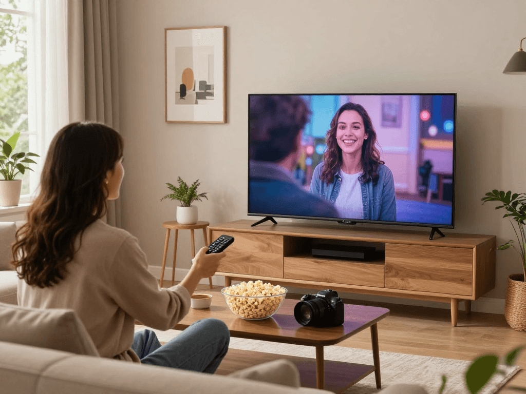 Couple utilisant Iron TV pour regarder un film dans leur salon moderne.