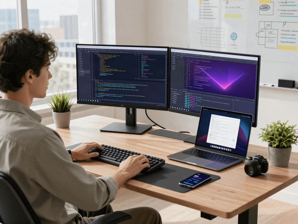 Développeur utilisant Atlas pro ontv dans un bureau moderne avec écrans et plantes vertes.
