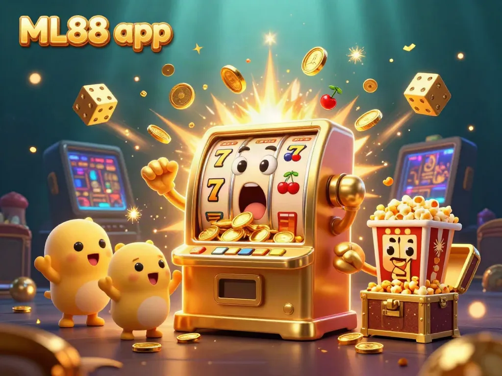 Engage with the ML88 app as a golden slot machine hits the jackpot in an ultra-detailed 3D scene.
