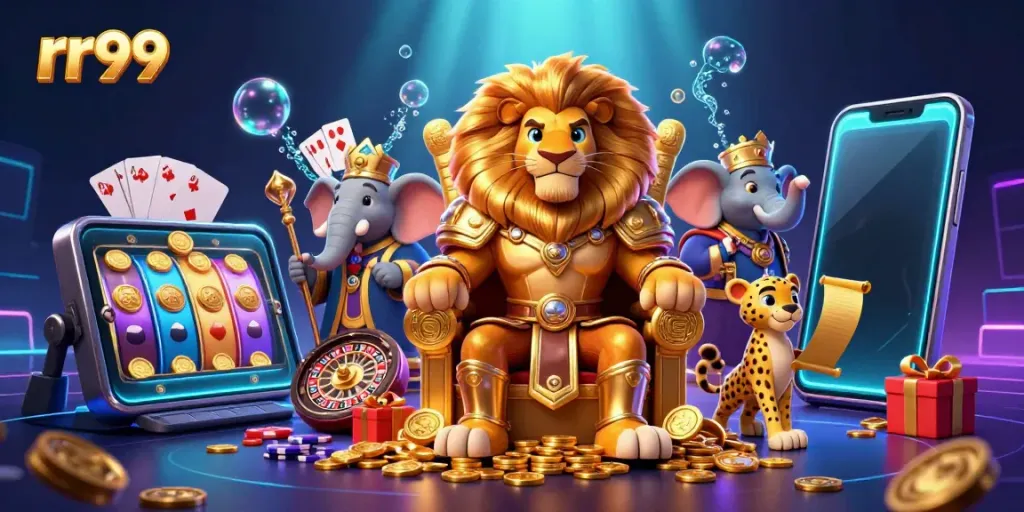 Engage with the exhilarating rr99 gaming experience featuring a fierce lion king surrounded by dynamic casino elements.