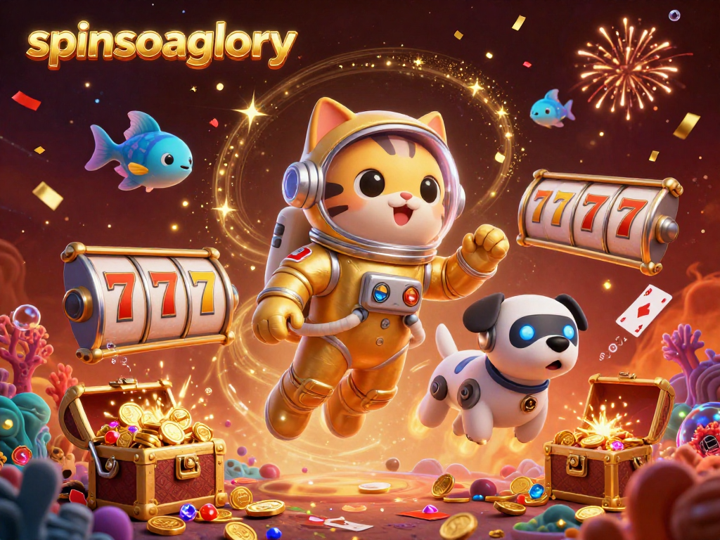 Experience the excitement of spinsofglory in a vibrant gaming space with a floating astronaut cat and casino treasures.
