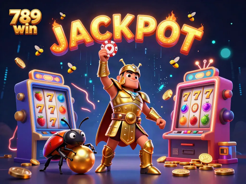 Join the excitement with 789 win as a victorious beetle lifts a poker chip amidst vibrant slot game elements.