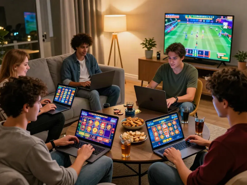 Expérience de jeu de casino gratuit sans dépôt avec des amis à la maison, illustrant des jeux variés et une atmosphère conviviale.