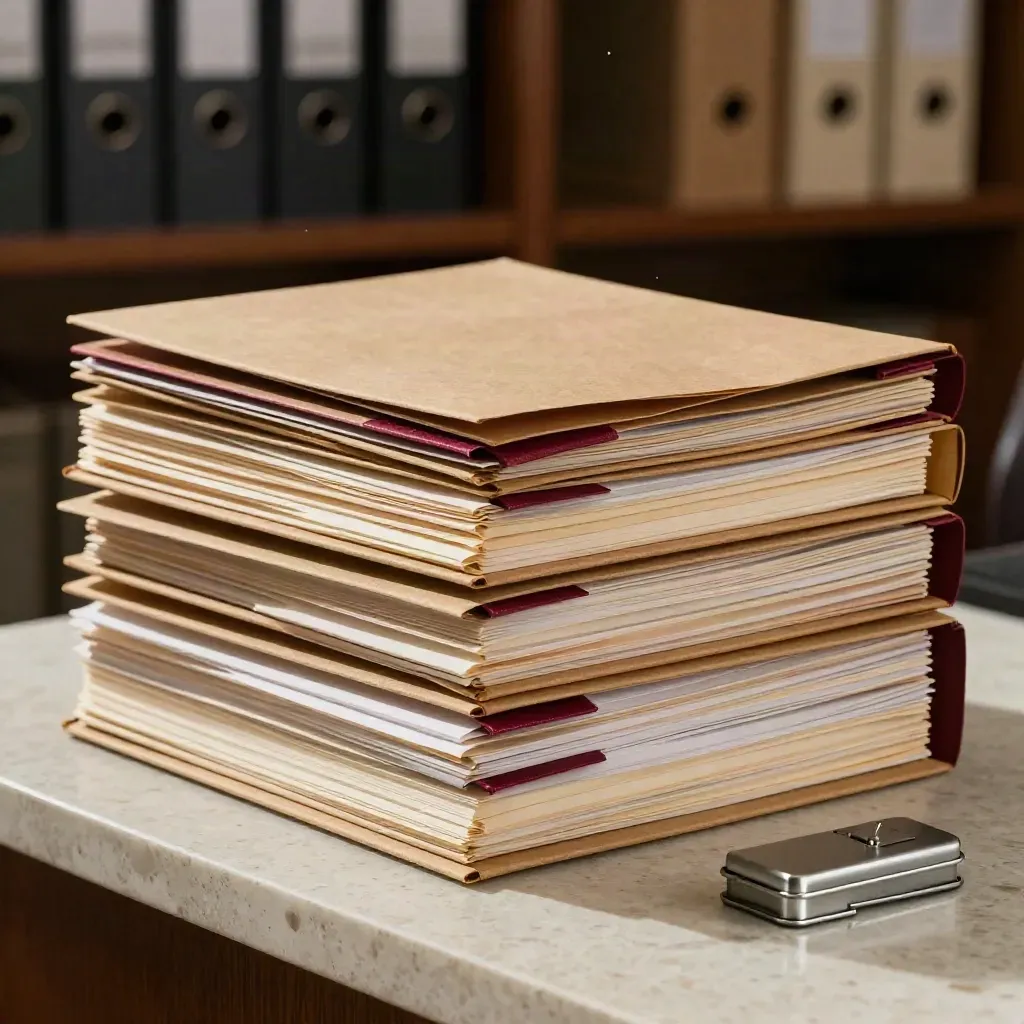 Pile de dossiers kraft avec marque-pages bordeaux et boîte de clips sur travertin.
