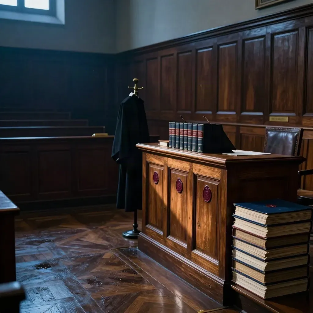 Tribunal vide en bois sombre, pupitre, dossiers reliés et robe noire sous une lumière rasante.