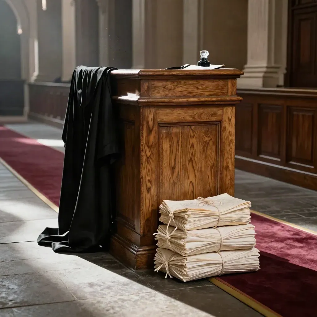 Tribunal français avec pupitre en chêne, robe noire, liasses crème et encrier fermé sous lumière dorée.