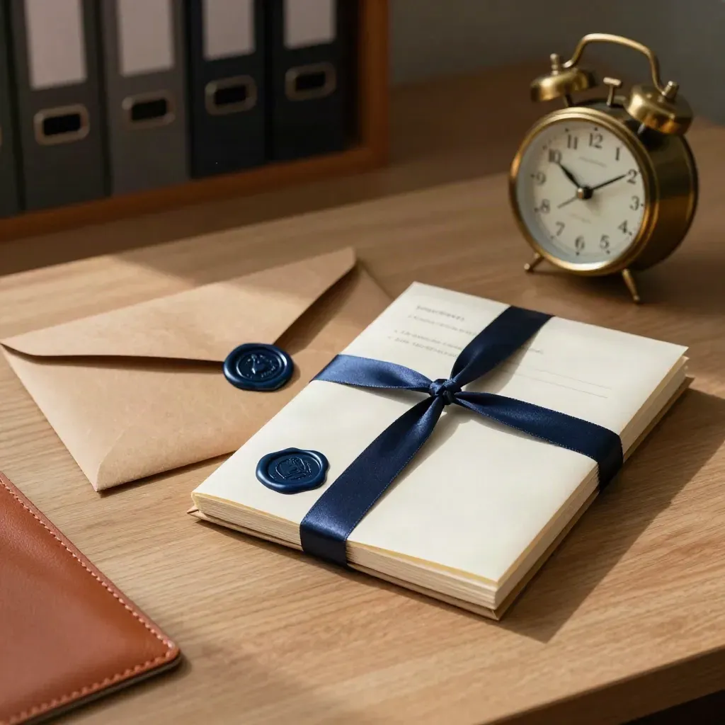 Enveloppe kraft scellée, paquet d’appel et horloge de bureau sur bois, lumière du matin.