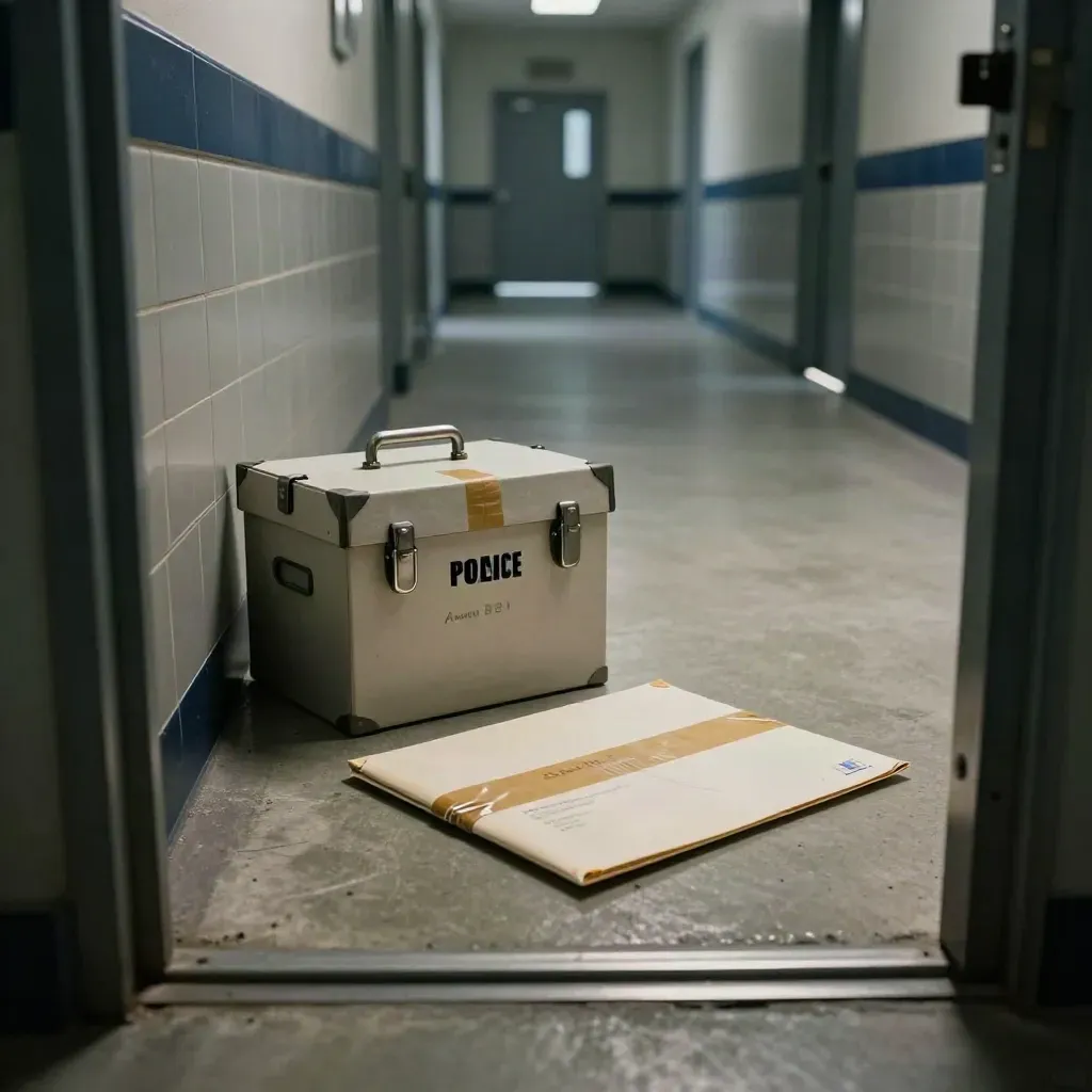 Couloir de commissariat vide, enveloppe scellée, boîtes de scellés et porte métallique entrouverte.