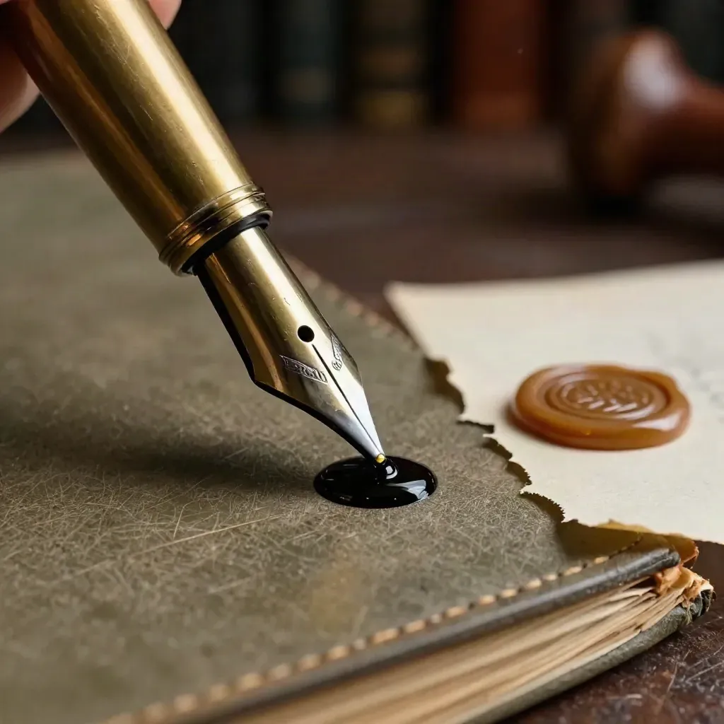 Gros plan d’une plume en laiton, d’encre noire humide, de papier ivoire et d’un sceau de cire.