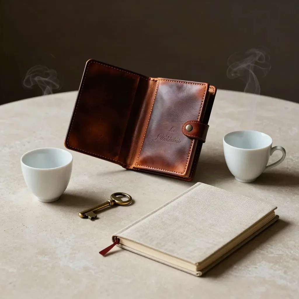 Portfolio en cuir, deux tasses ivoire, clé plate et carnet sur pierre claire.