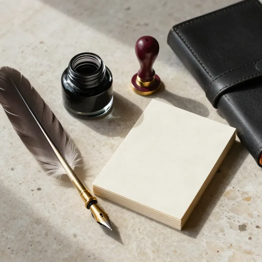 Plume, encrier, cire à cacheter, cartes crème et reliure souple sur pierre claire.