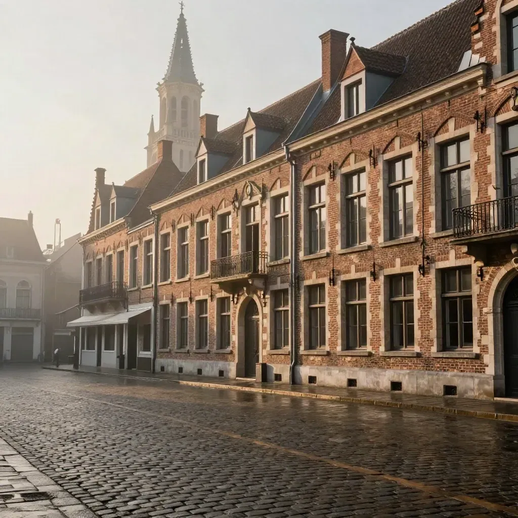 Façades flamandes de Lille sous une lumière dorée, pavés humides et beffroi lointain.