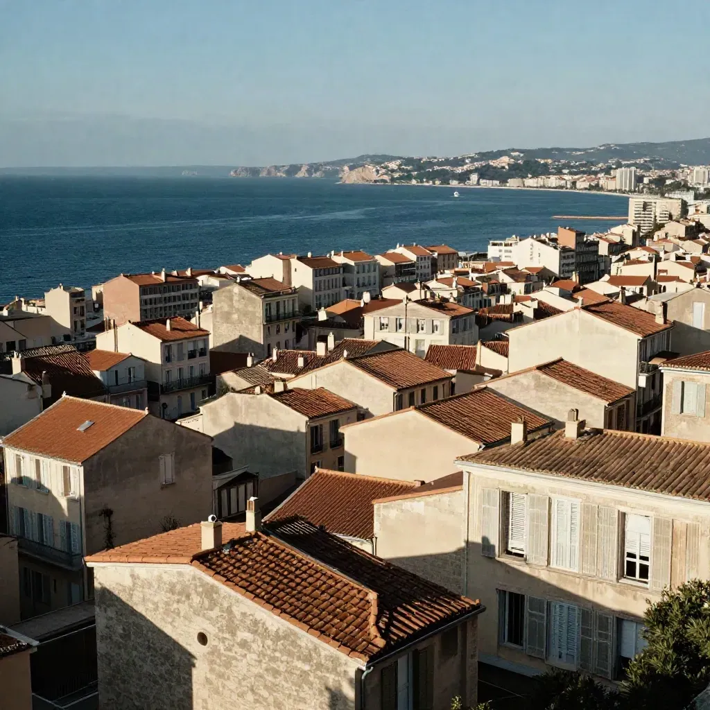 Toits clairs de Marseille au soleil couchant, mer douce au loin, atmosphère saline.