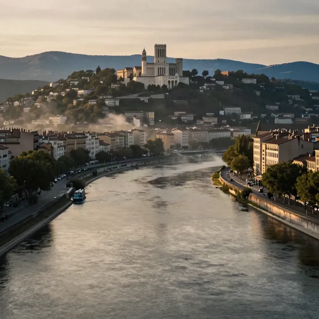 Confluence du Rhône et de la Saône à Lyon, Fourvière en hauteur, brume et lumière dorée.
