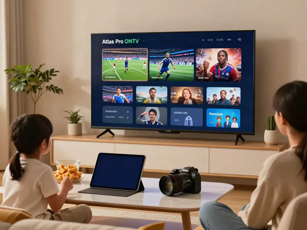 La famille profite de l'application Atlas Pro ONTV dans un salon moderne.