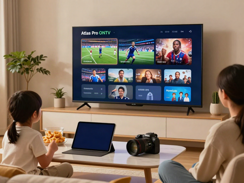 La famille profite de l'application Atlas Pro ONTV dans un salon moderne.
