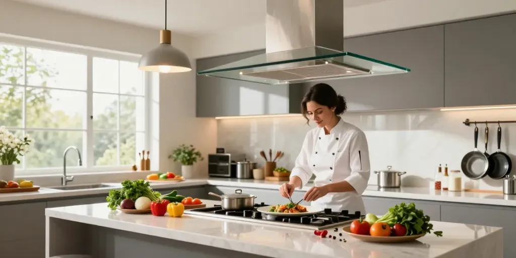 Hotte aspirante moderne dans une cuisine contemporaine avec un chef préparant un repas gourmet.