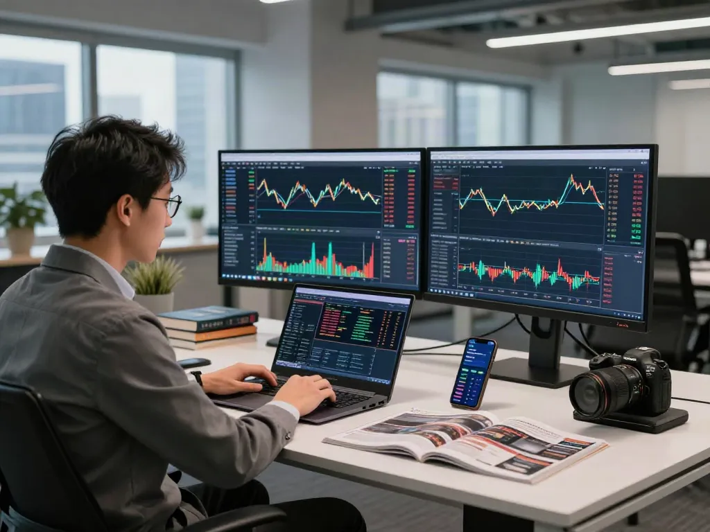 Analyse des marchés sur la plateforme la-couponeau.com dans un bureau moderne, avec des graphiques et dispositifs de trading.