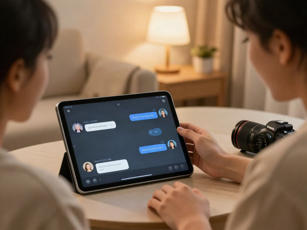 Engaging NSFW AI chat experience in a cozy setting with characters on tablet.