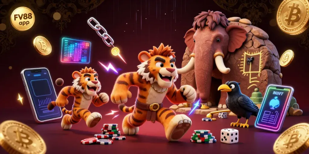 Experience the FV88 app with thrilling prehistoric casino adventures featuring a caveman, saber-tooth tiger, and a clever crow.