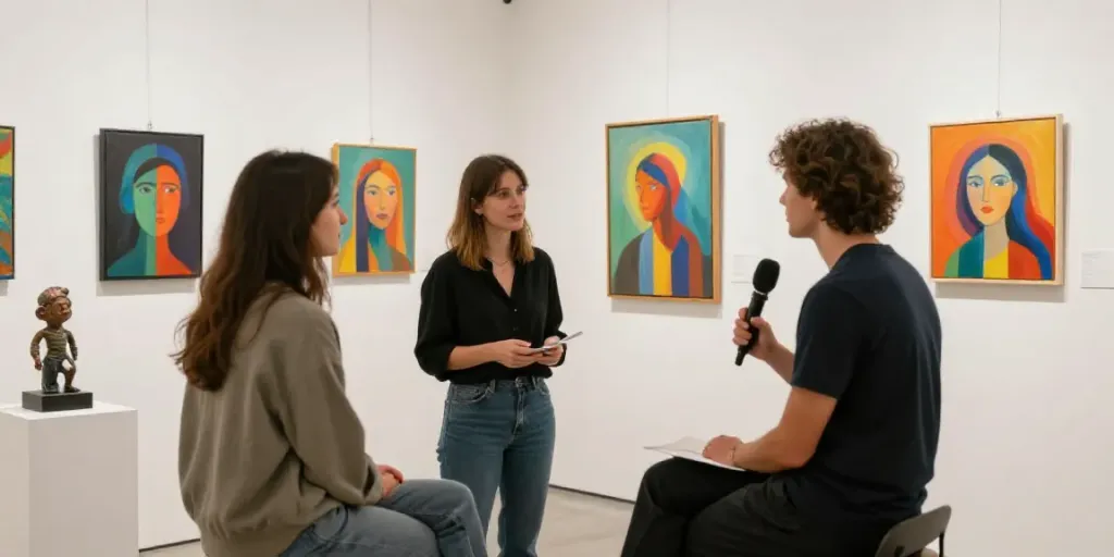 Une scène de recherche artistique locale dans une galerie, illustrant l'identité culturelle.