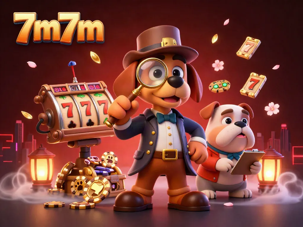 View 7m7m casino-themed 3D illustration featuring a detective dog duo surrounded by slots and treasure.