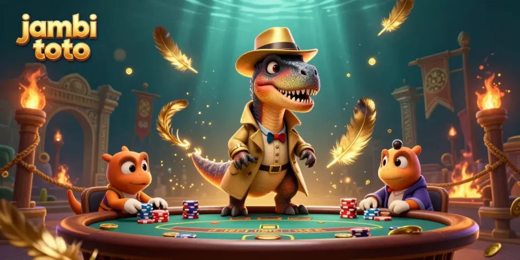 Experience high-stakes excitement at jambi toto with a cartoon velociraptor at a blackjack table.